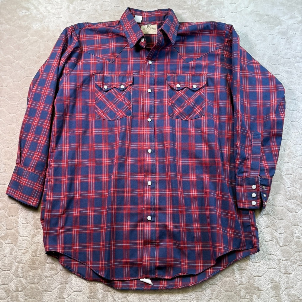 VTG Dee Cee Brand Pearl Snap Shirt Sz 17-33 Red Plaid Western USA Cowboy Rodeo
